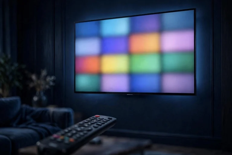 Samsung smart TV displaying IPTV apps for Samsung TV on Tizen in a dark living room