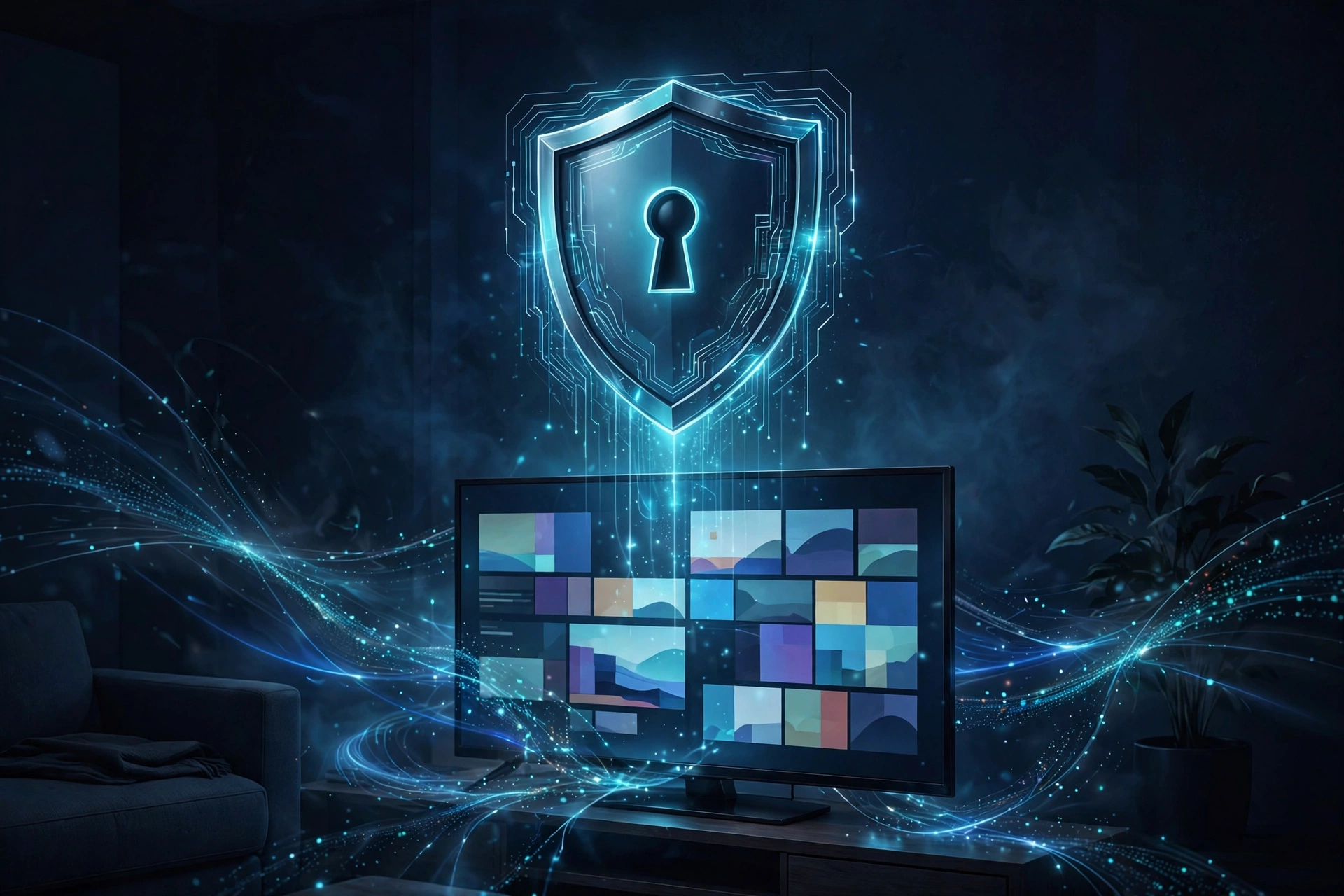 Cinematic illustration of a glowing shield protecting a streaming TV, representing the question of whether you need a VPN for IPTV