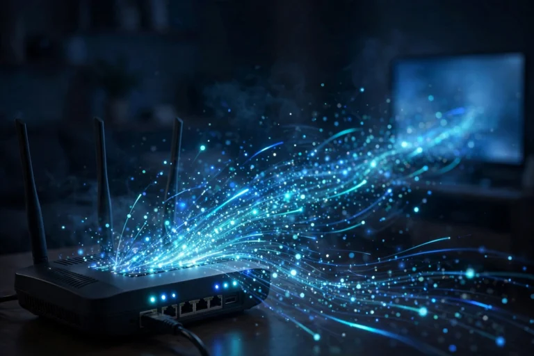 Wi-Fi router with glowing data streams visualising IPTV data usage at home