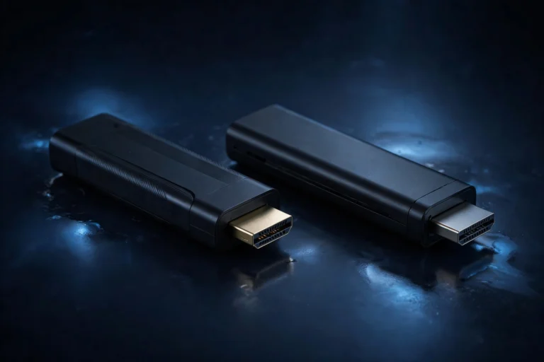 Two TV streaming dongles side by side on a dark navy surface, Firestick vs Chromecast