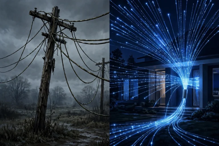 Glowing fibre optic cable beside old copper wires, full fibre vs superfast broadband comparison