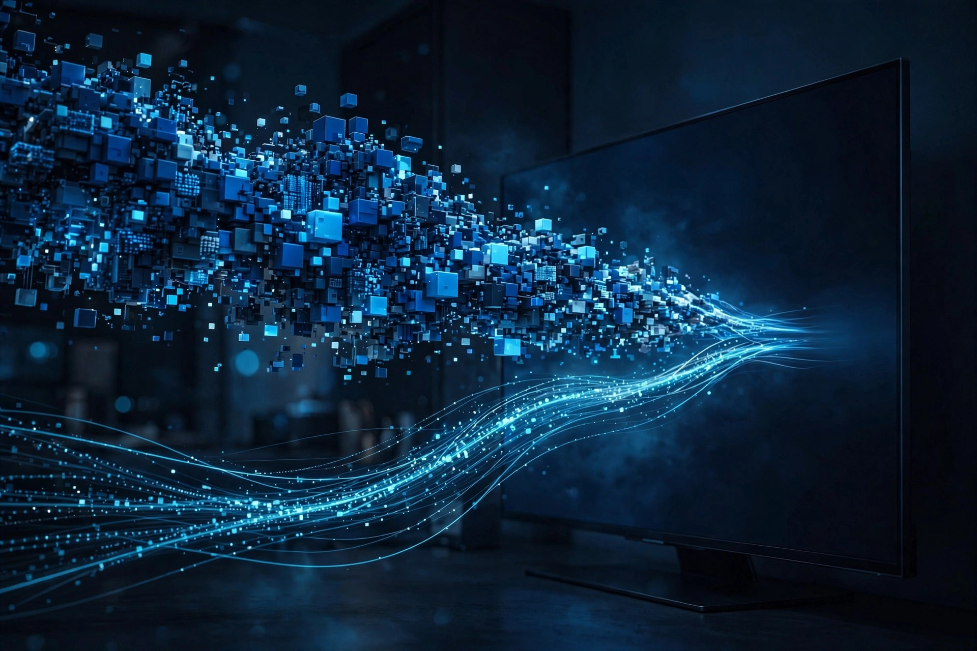 Abstract visualisation of video compression, illustrating H.264 vs H.265 streaming