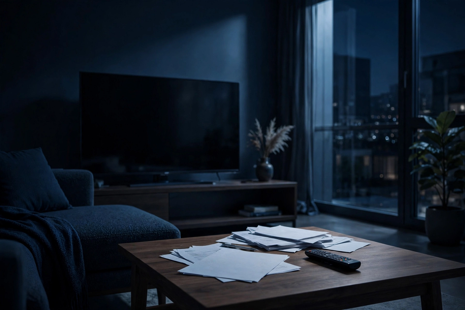 Living room TV with remote control and paperwork, illustrating how to cancel Sky TV in the UK