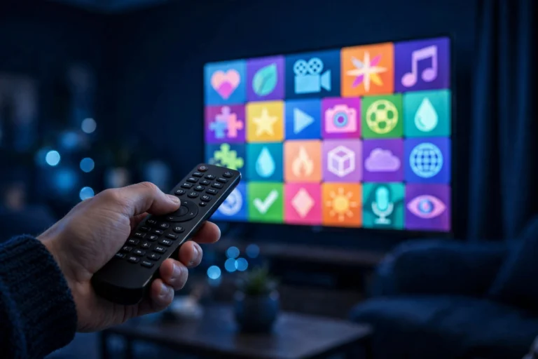 Hand holding a TV remote pointed at a channel grid on screen, how to choose an iptv provider