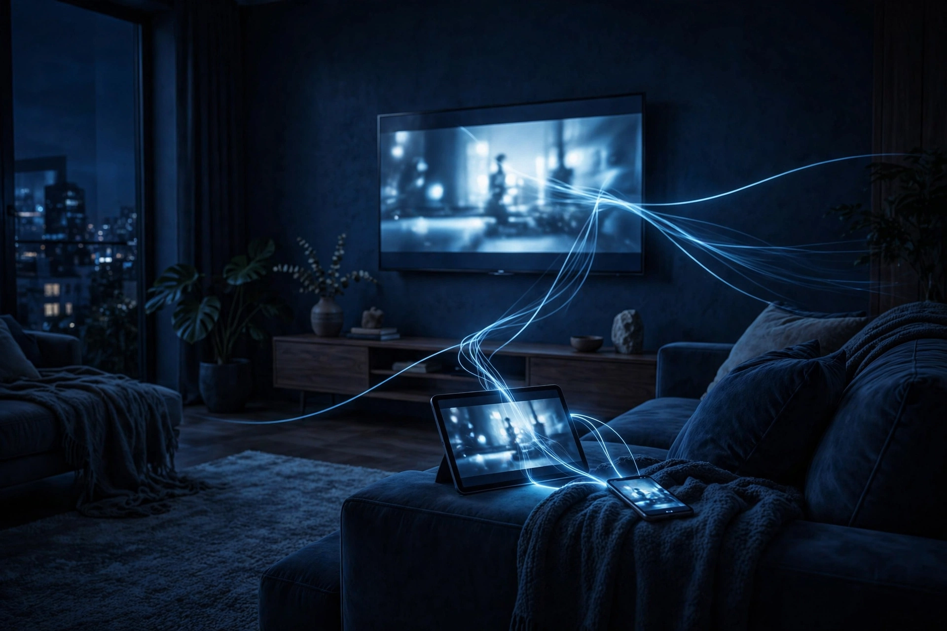 Living room with a smart TV, tablet and phone streaming IPTV, illustrating how IPTV connections work across devices