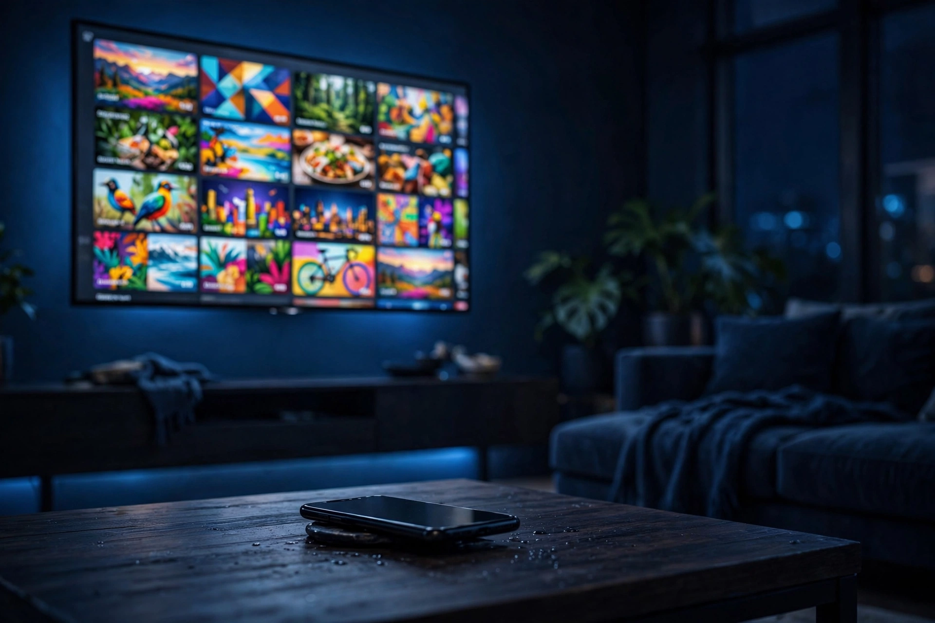 IPTV Smarters setup guide: living room TV showing a streaming app channel grid with a smartphone on the coffee table