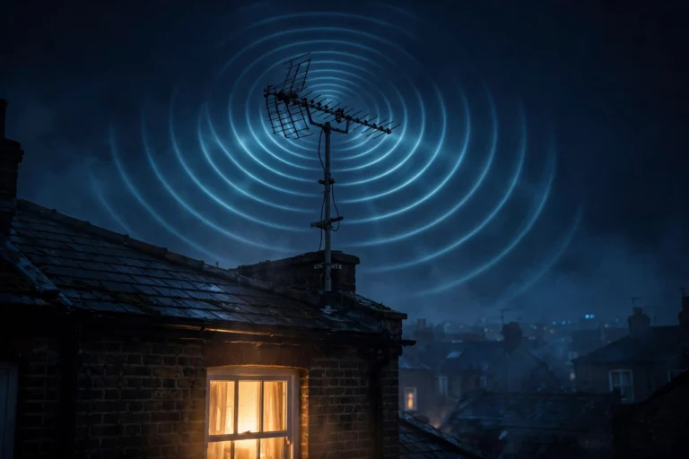 Rooftop TV aerial against a dark navy night sky for the IPTV vs Freeview comparison