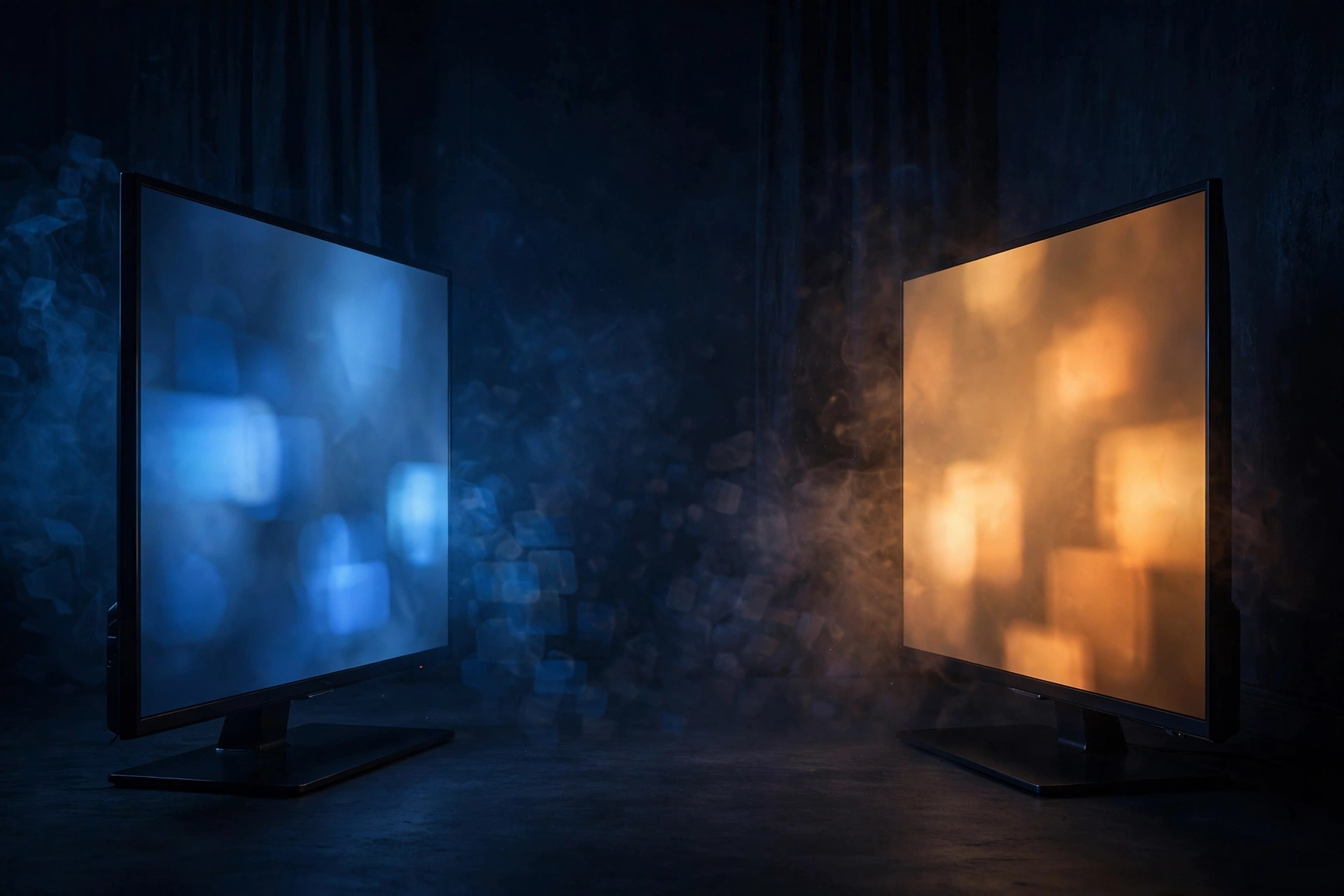 Two glowing TV screens facing each other in a dark room for the IPTV vs Now TV comparison