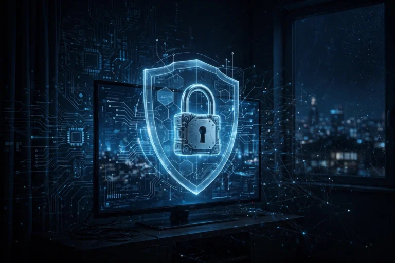 Television with a padlock and shield in a dark room, illustrating whether IPTV is safe to use