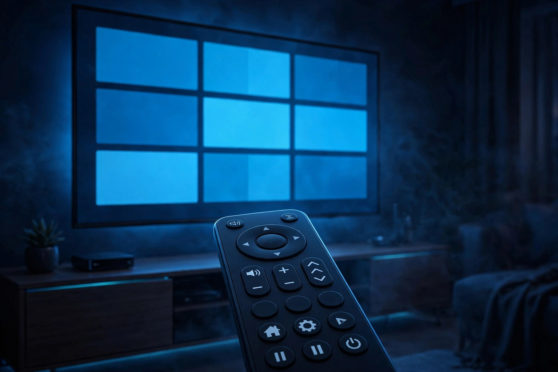 Remote control pointing at a glowing TV guide interface, illustrating the TiviMate setup guide for Firestick
