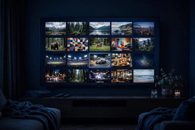 TV in a dark navy living room showing an electronic programme guide, TiviMate vs IPTV Smarters