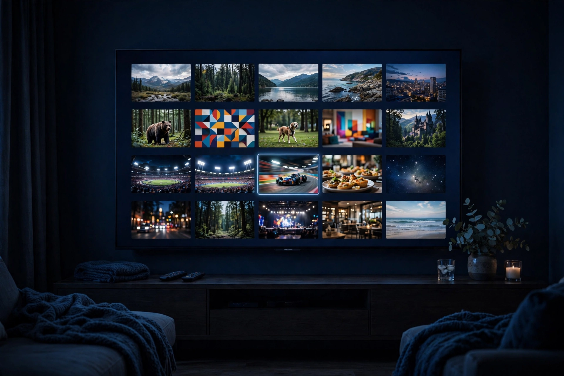 TV in a dark navy living room showing an electronic programme guide, TiviMate vs IPTV Smarters
