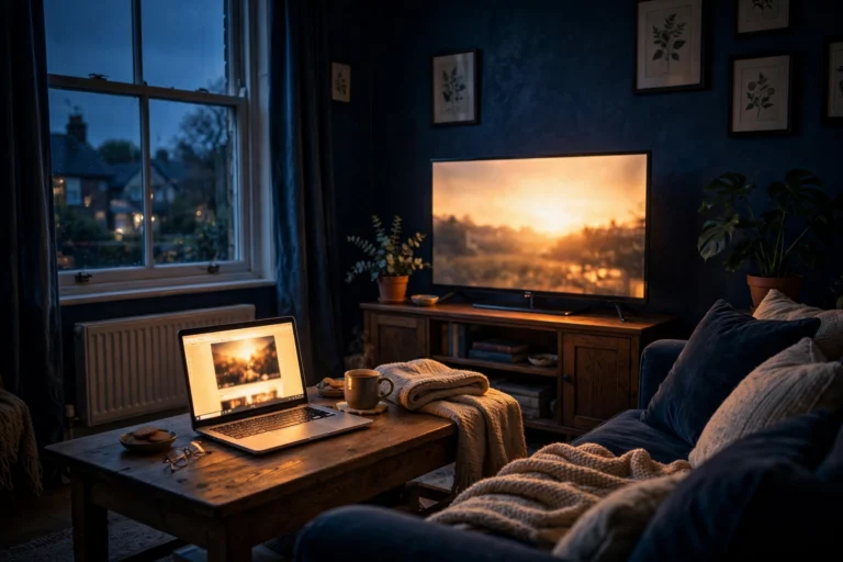 Cosy UK living room with glowing TV and laptop at dusk, illustrating the TV licence UK rules