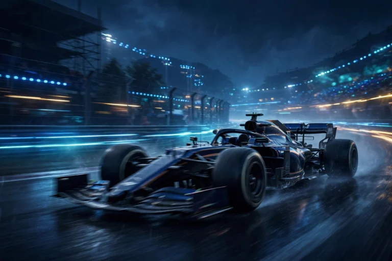 Formula 1 car racing at night, illustrating how to watch F1 without Sky in the UK
