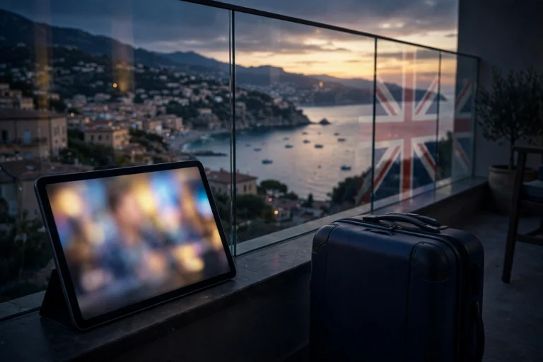 Traveller watching UK TV abroad on a tablet at sunset by the sea, expat streaming concept