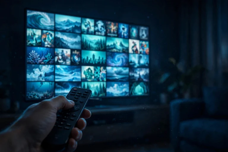 On-demand movie library on a TV screen, illustrating what VOD means
